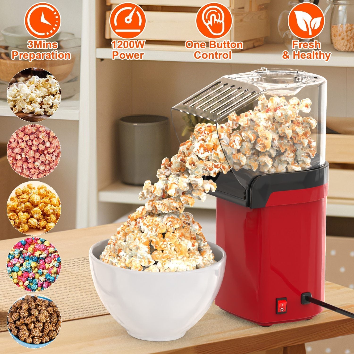 🍿 Electric Hot Air Popcorn Popper – 1200W Oil-Free Popcorn Maker CJ US