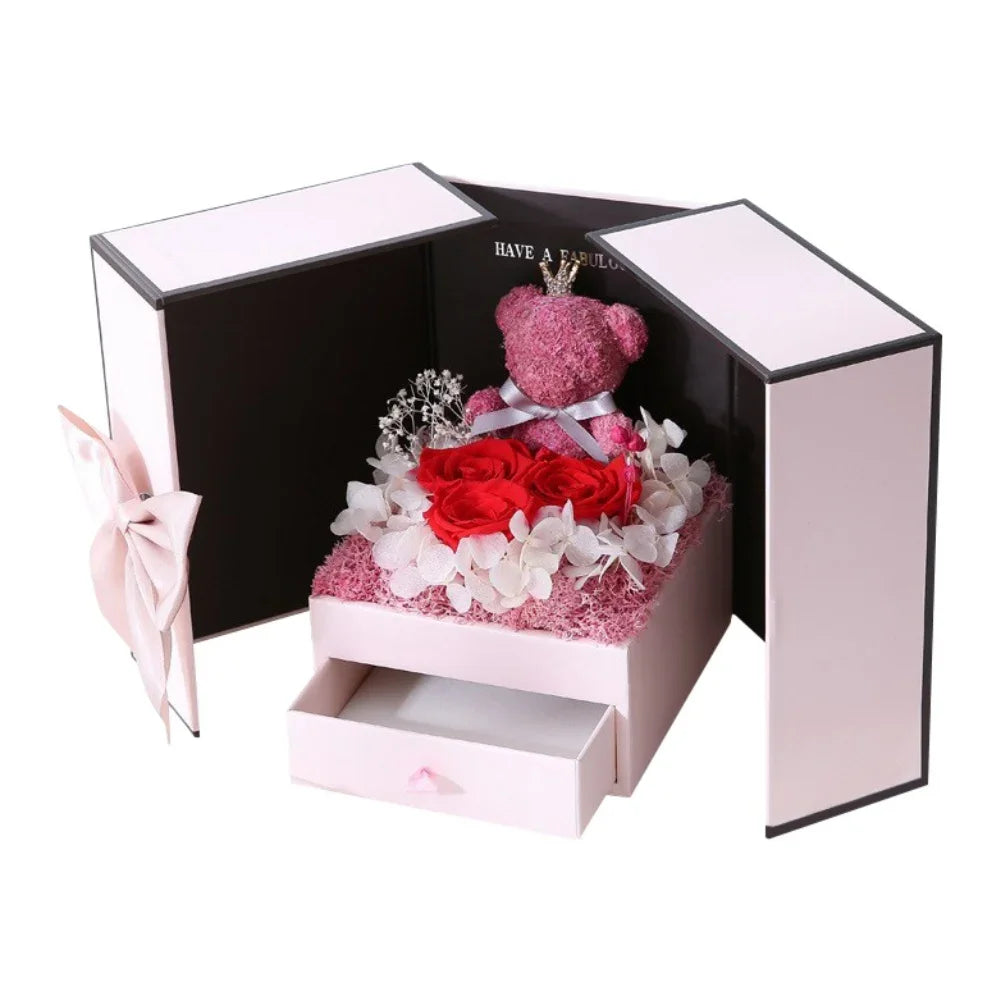 Rose Bear Gift Box with Eternal Rose and Necklace Fusion Gifts