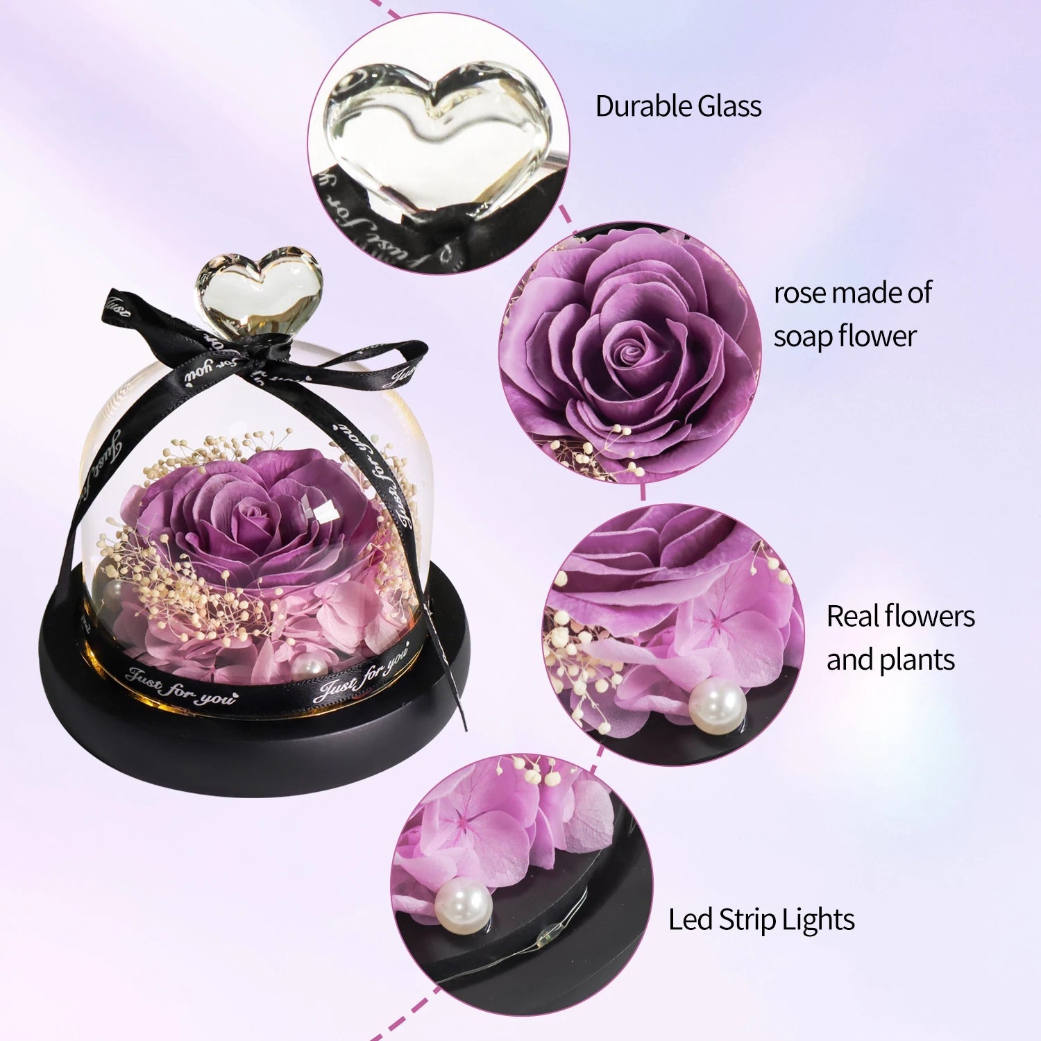 Purple Soap Rose in Glass Dome with LED Light Fusion Gifts