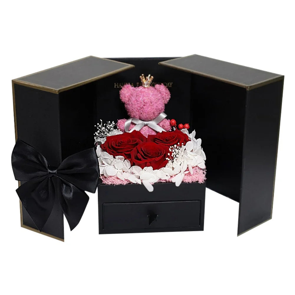 Rose Bear Gift Box with Eternal Rose and Necklace Fusion Gifts