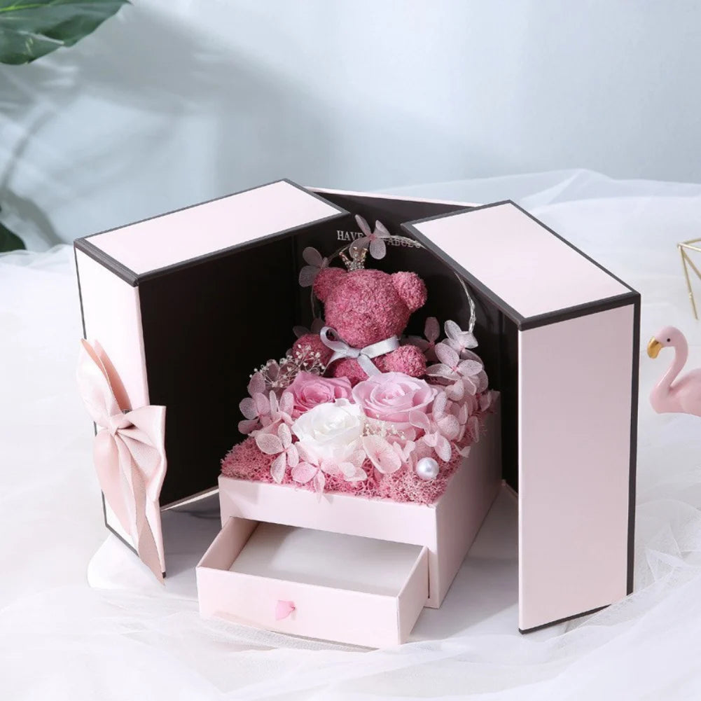 Rose Bear Gift Box with Eternal Rose and Necklace Fusion Gifts