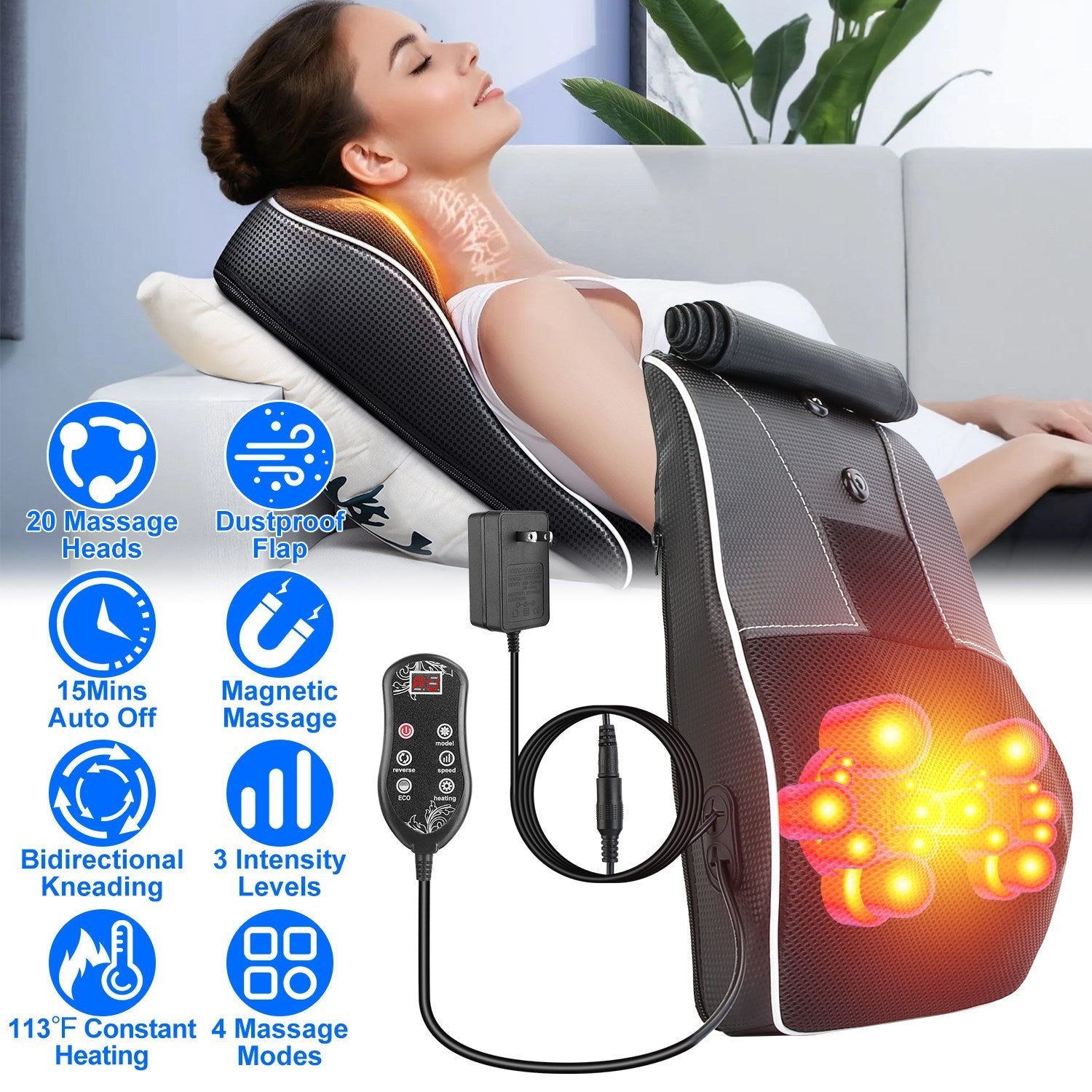 3D Back Massager Pillow – Shiatsu Heat & Kneading Massage CJ US