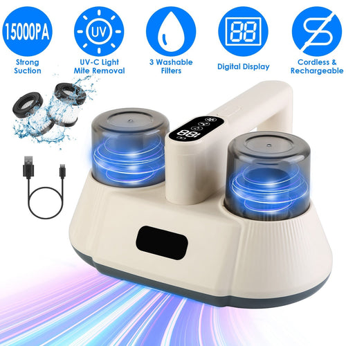 15000 Pa Bed Vacuum Cleaner – Double-Cup & UV-C Sanitizer Travel & Portable Gadgets
